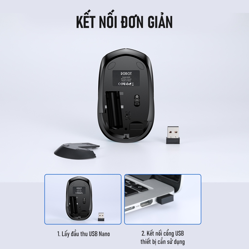 Chuột Không Dây Kiểu Dáng Văn Phòng ROBOT M205 Có Nút Tùy Chỉnh Độ Phân Giải  Gọn Nhẹ - Bảo Hành 12 Tháng BenZ Store