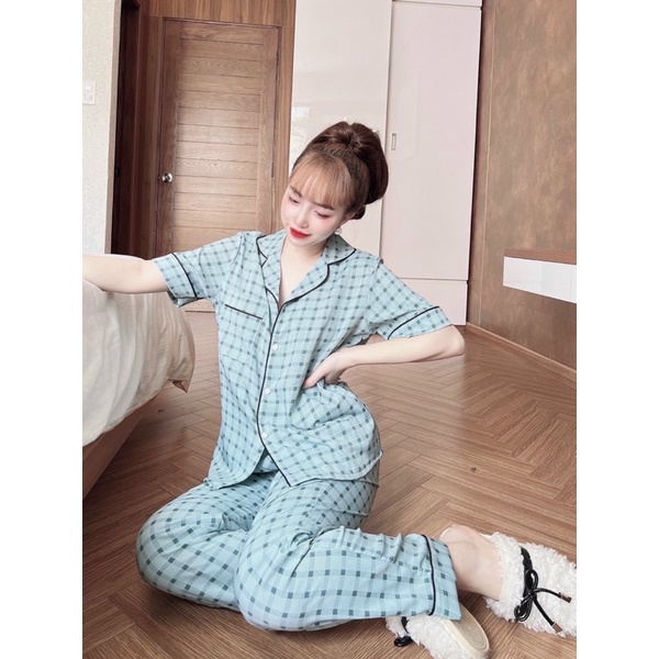 Bộ pyjama lụa thypham-shop tay ngắn quần dài mặc mát