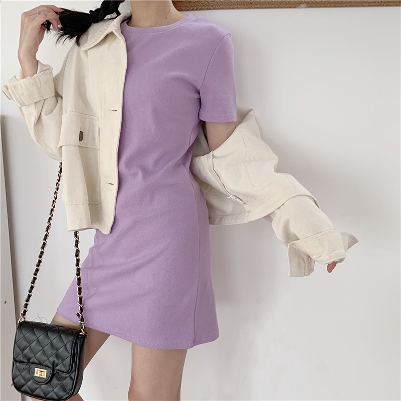 Đầm Thun Nữ Ngắn Tay Cổ Tròn Thời Trang