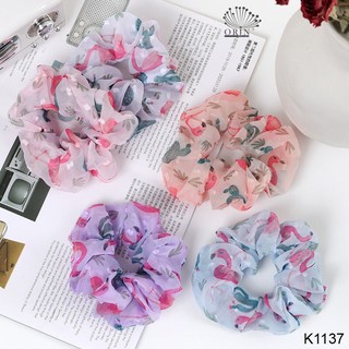 (NEW) Dây buộc tóc, cột tóc vải scrunchies voan hồng hạc dễ thương Orin K1137