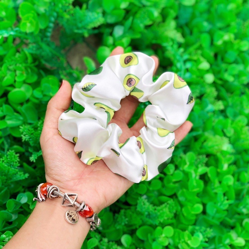 Buộc tóc SCRUNCHIES vải phi bóng hoạ tiết trái cây bơ đào dâu dưa hấu cherry siêu hot