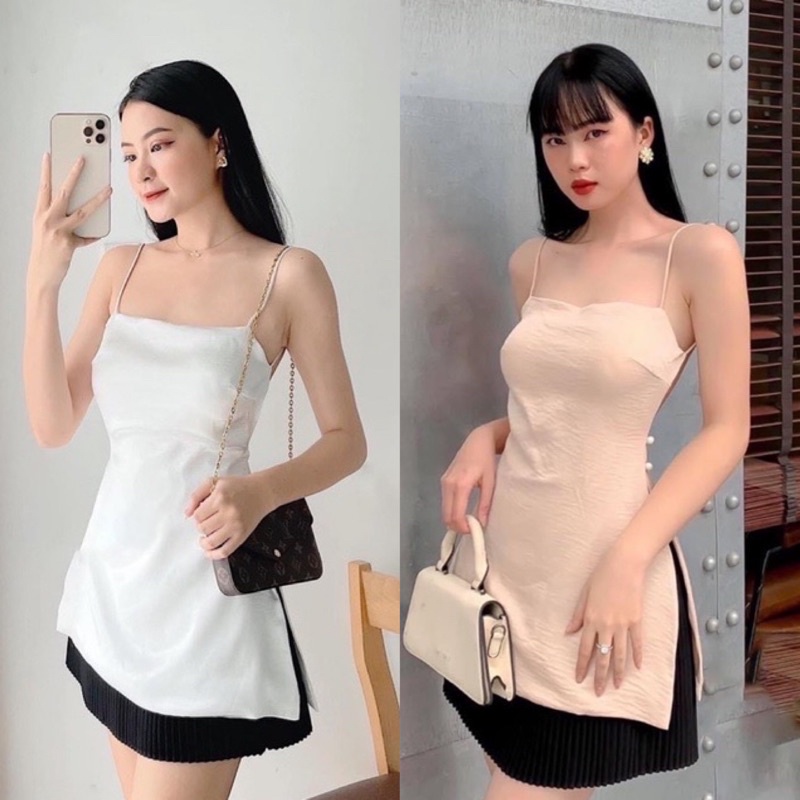 Có mút ngực Set Bộ Áo kiểu 2 dây lụa hở lưng Kèm Chân Váy  Xoè Hình thật cuối