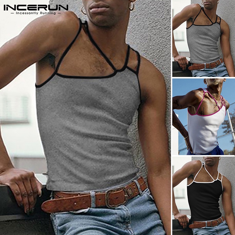 Áo ba lỗ nam INCERUN co giãn màu trơn khoét lỗ không tay kiểu cách