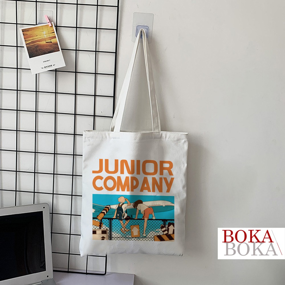 Túi Tote Vải Canvas In Hình Junior Company Có Khóa Miệng Túi