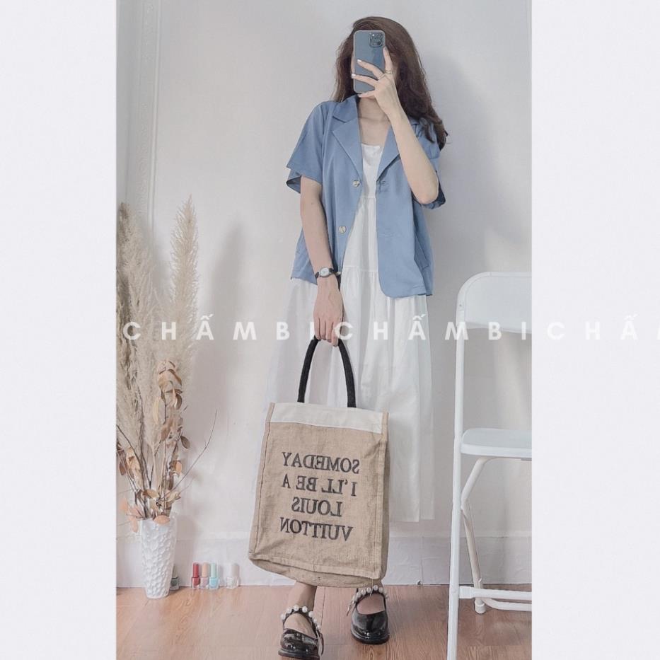 Áo khoác nữ A.231, Áo blazer khoác ngoài dáng ngắn cộc tay cổ giả vest 2 cúc dọc thanh lịch