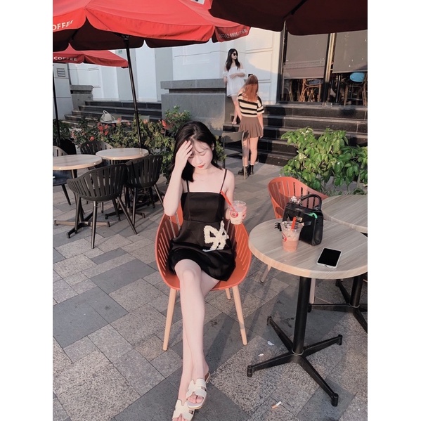 Đầm váy nữ hai dây eo đính nơ đá sang trọng đi tiệc dạo phố