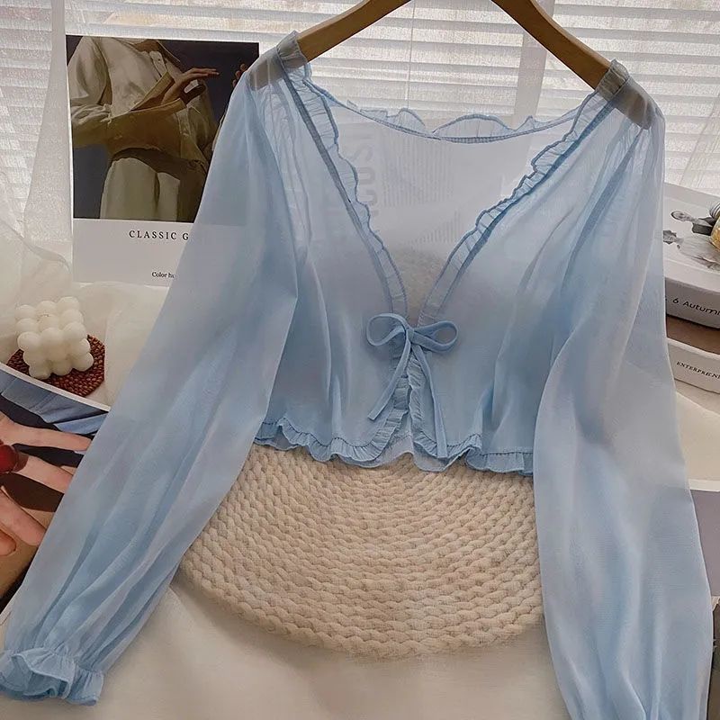 Áo Sơ Mi Voan Dài Tay Chống Nắng Kèm Áo Khoác Cardigan Thiết Kế Xinh Xắn Thời Trang###