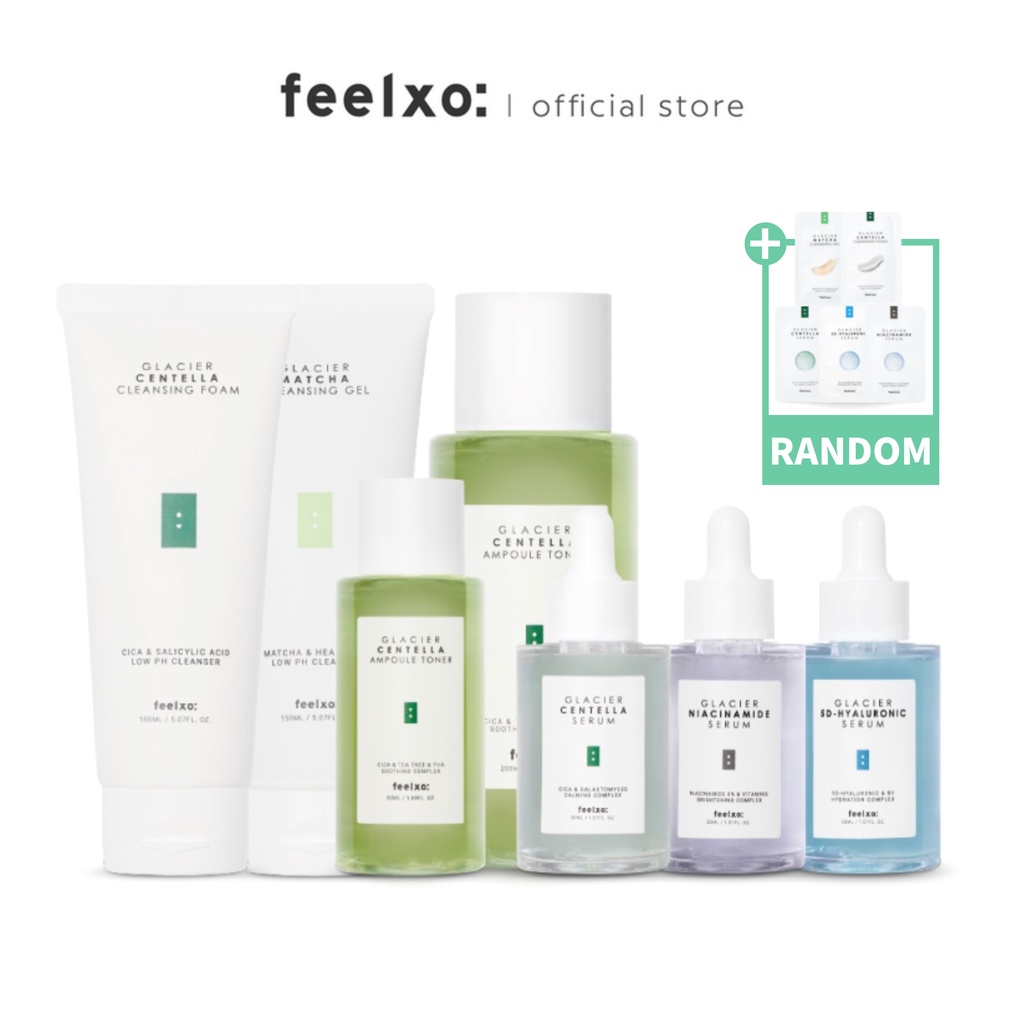 Bộ sản phẩm chăm sóc da Feelxo gồm sữa rửa mặt/ Toner/ Serum rau má/ Niacinamide 5%/ Hyaluronic