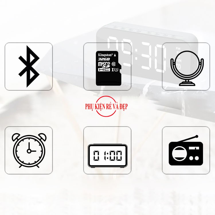 Loa Bluetooth kiêm đồng hồ, nhạc FM, đo nhiệt độ, có khe cắm thẻ nhớ - Loa đồng hồ mặt gương