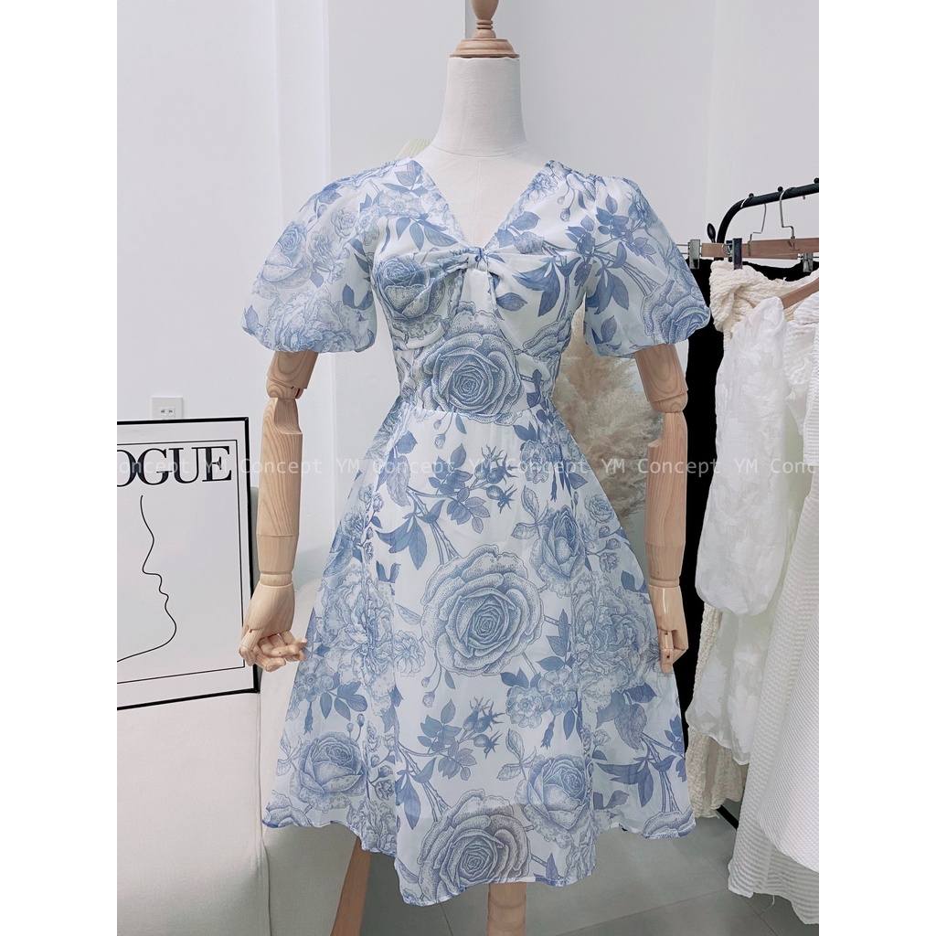 Đầm Hoa Nhún Ngực Tay Phồng - D0599