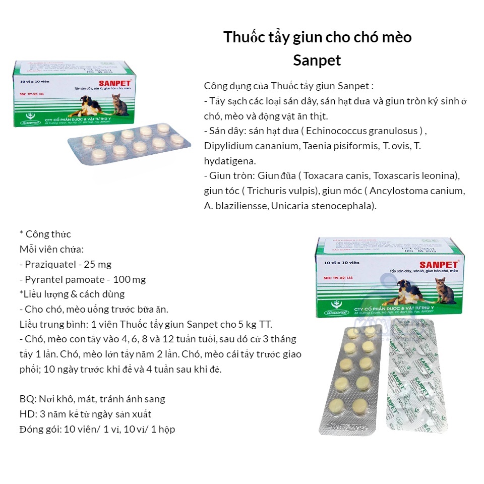 Thuốc tẩy giun - sán dành cho chó mèo - Sanpet 7k/Viên