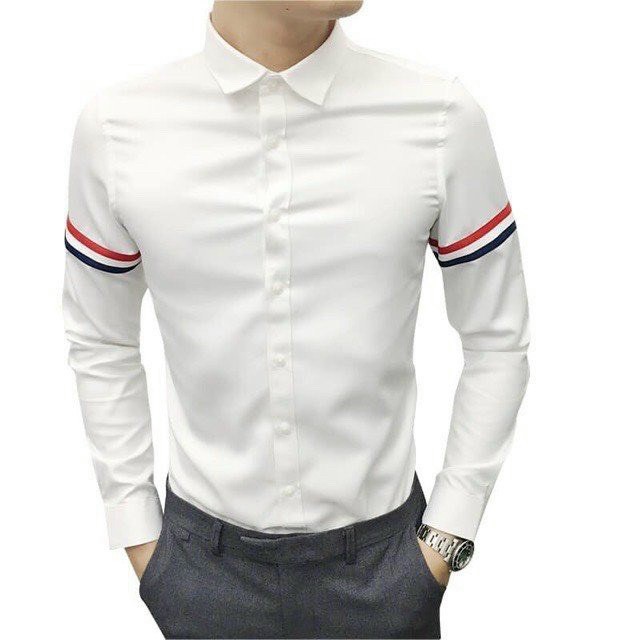 Áo sơ mi nam tay dài basic phối Kẻ Vạch tay áo chất Lụa pha cotton sịn áo sơ mi nam văn phòng dáng ôm cổ bẻ chống nhăn