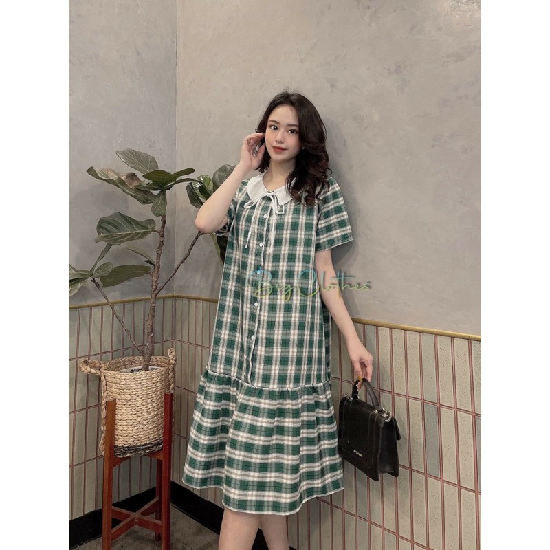 Váy babydoll đầm bigsize kẻ caro xanh họa tiết cổ trắng | BigBuy360 - bigbuy360.vn