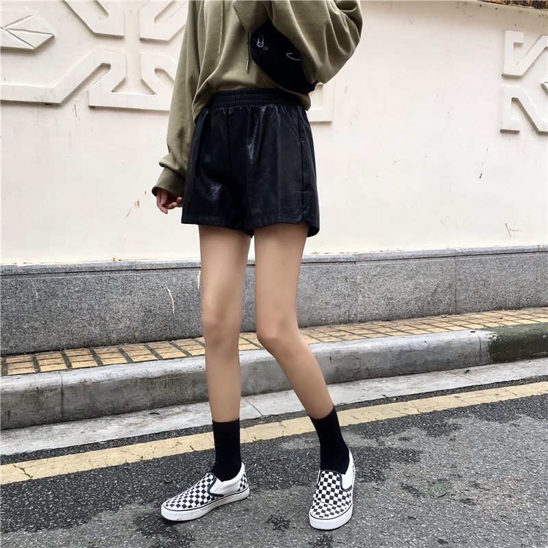 Quần short da chữ A ống rộng lưng cao thời trang cho nữ