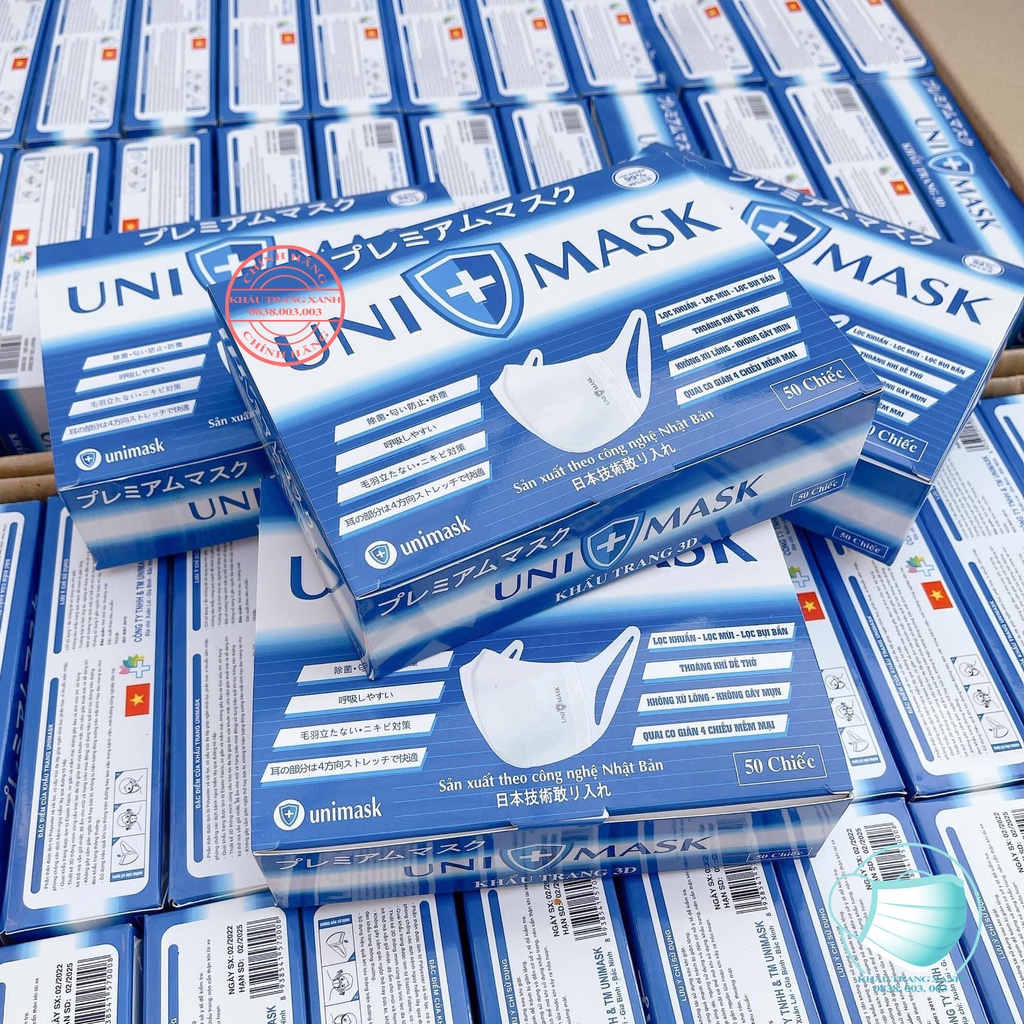 Khẩu trang y tế 3D UNI MASK Công Nghệ dập Nhật Bản phom ôm Sát Mặt và quai mềm - khautrangxanh
