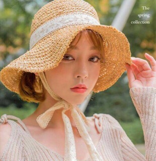 Mũ cói đi biển - Mũ cói mềm quai ren vintage