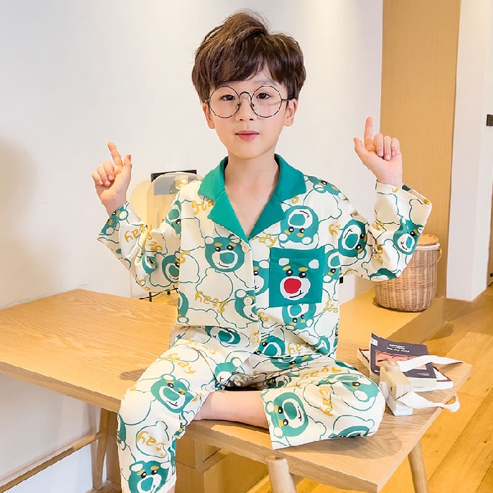 Bộ Đồ Ngủ Tay Dài Chất Liệu Cotton In Họa Tiết Hoạt Hình Phong Cách Hàn Quốc Thời Trang Cho Bé Trai