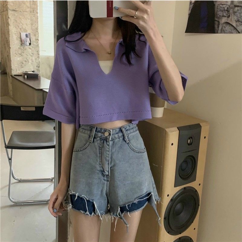 Áo croptop thun phôm rộng tay lỡ cổ V (A15)