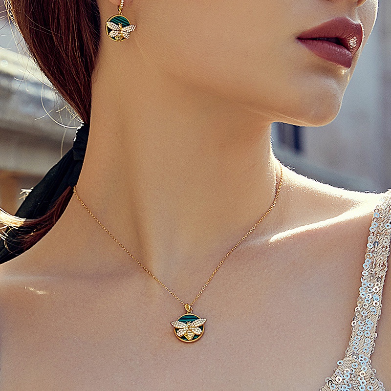 Dây chuyền/ Khuyên tai Bamoer bằng bạc 925 mặt ong đính đá Malachite thời trang cho nữ