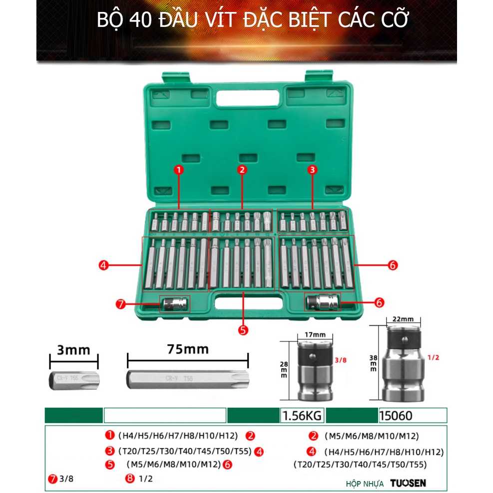 Bộ 40 đầu vít lục giác, hình sao ... các cỡ, Star Screwdriver Star Torx Socket Set - Một sản phẩm của TUOSEN