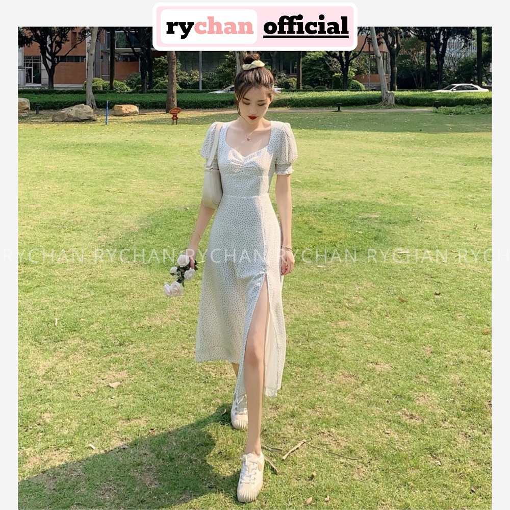 Đầm Đi Biển Xòe Bi Nhí Xẻ Tà Nhún Ngực Lót Trong Dày Dặn - DX810