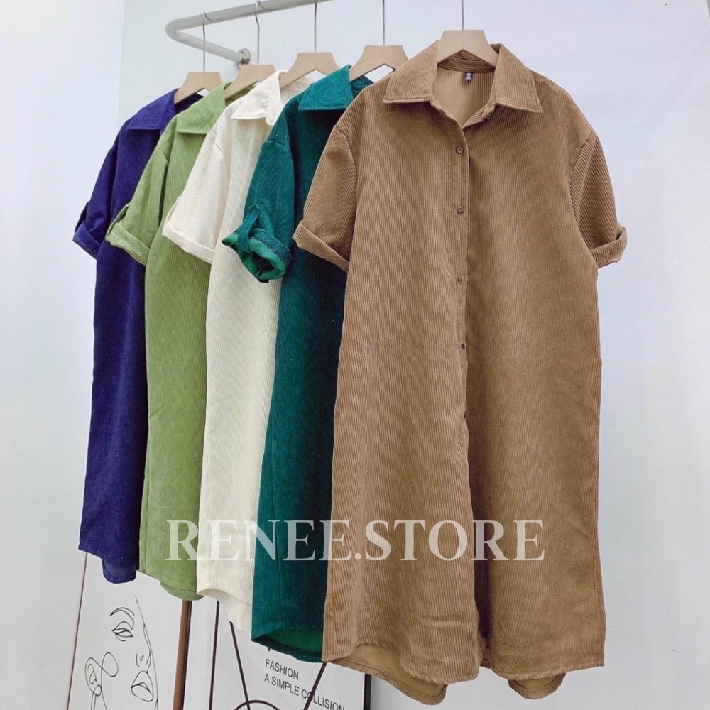 Váy sơ mi nhung tăm dáng dài, váy suông ngắn tay khuy gỗ - VS10