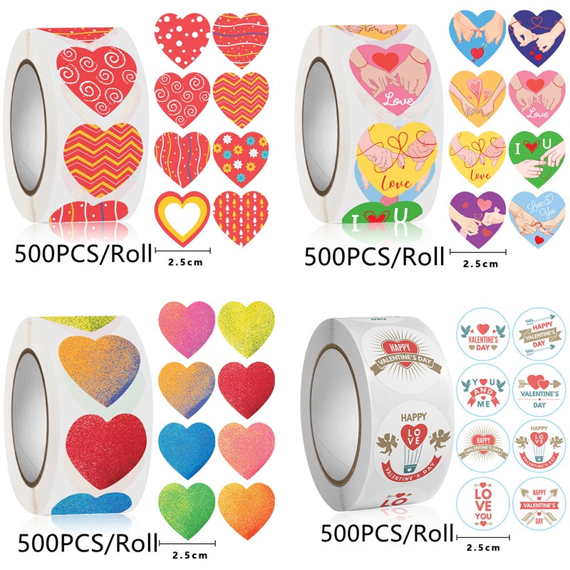 Cuộn 500 Miếng Dán 1 Inch 8 Kiểu Họa Tiết Trái Tim Trang Trí Quà Valentine