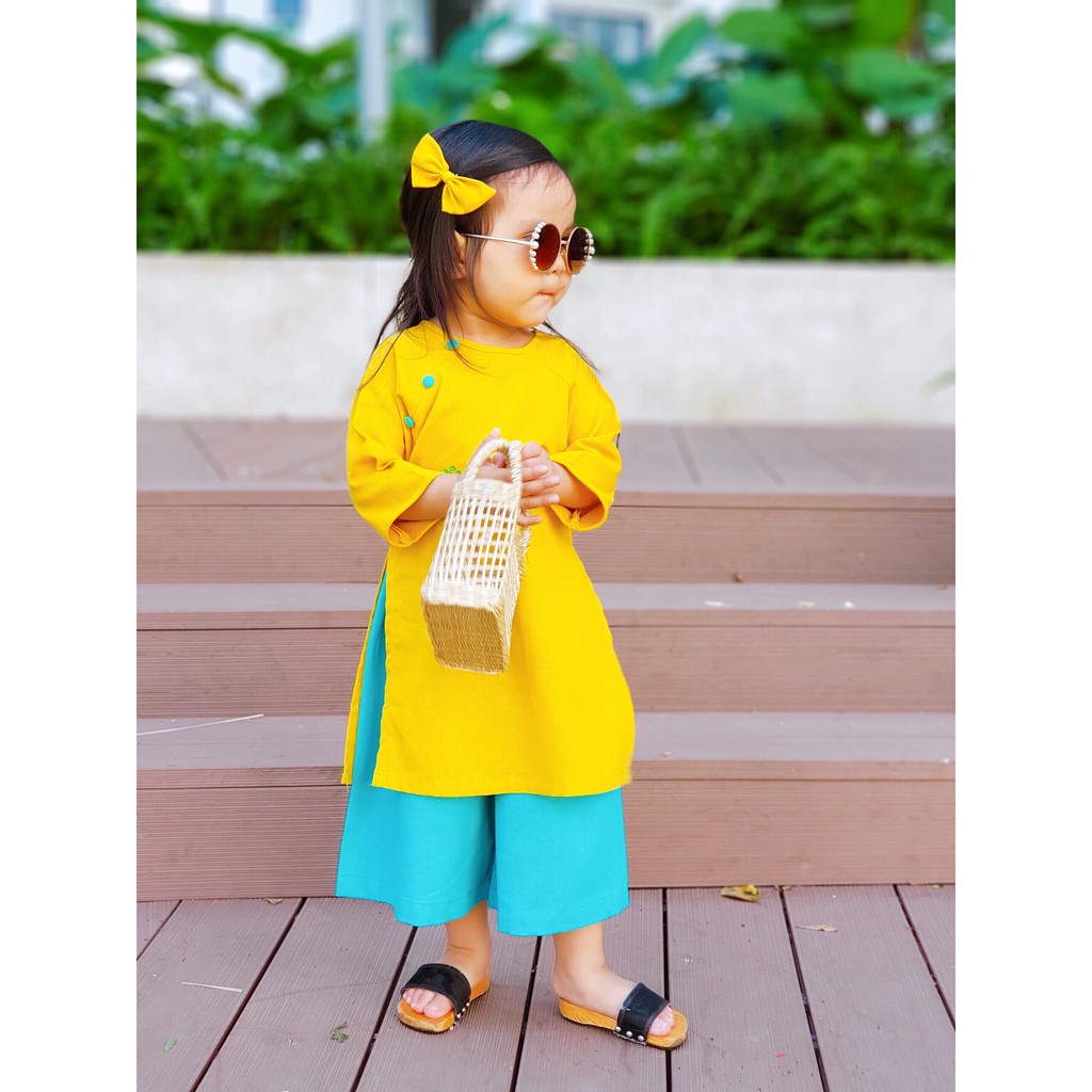 Áo Dài Trẻ Em Linen Vàng Thêu Phối Xanh Ngọc