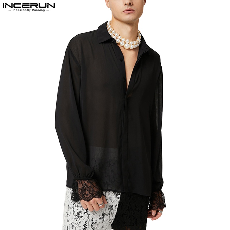 Áo sơ mi INCERUN tay loe phối ren lưới xuyên thấu cài nút sành điệu cho nam