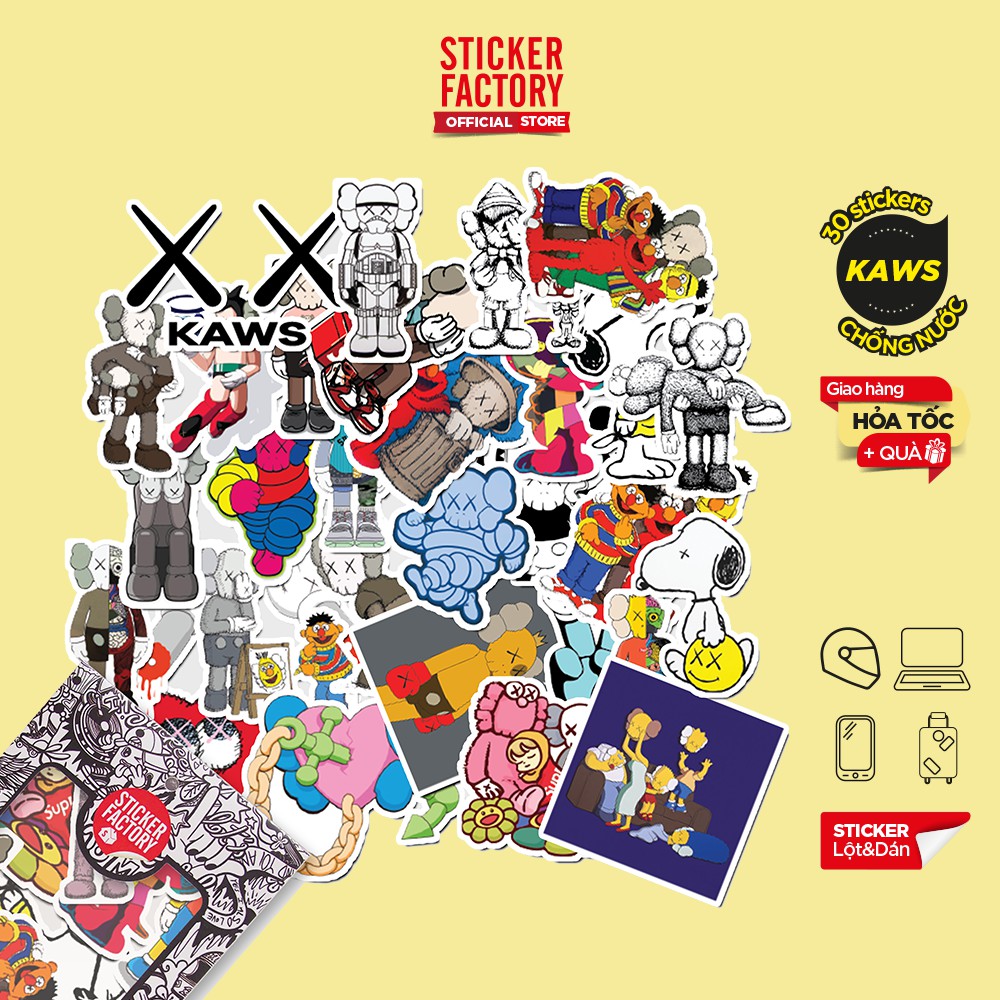 Hộp set 30 sticker decal hình dán nón bảo hiểm , laptop, xe máy, ô tô STICKER FACTORY - Kaws