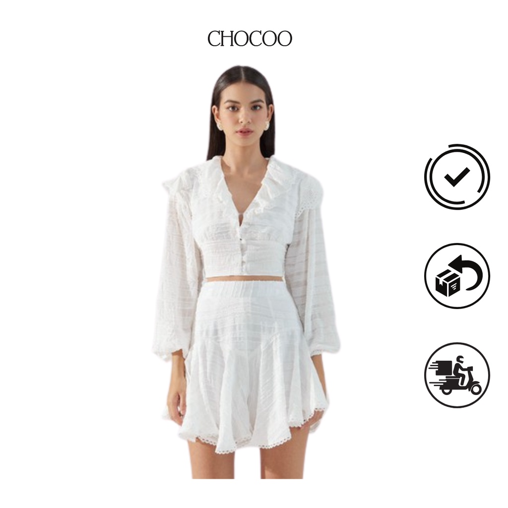 Set đồ nữ CHOCOO Roxana áo dài tay croptop x chân váy ngắn xòe màu trắng chất voan cao cấp