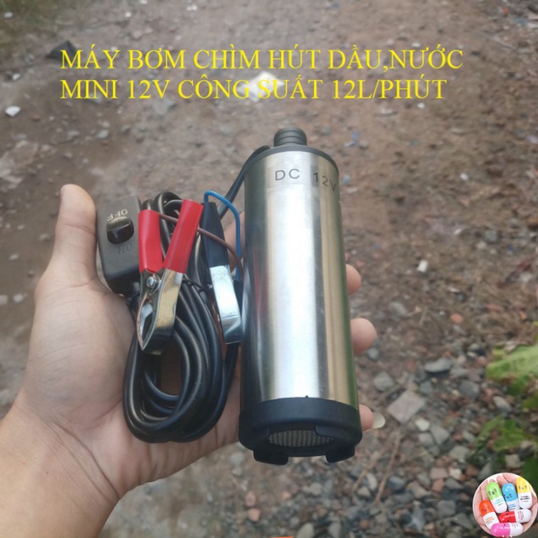 máy bơm chìm mini 12v - máy bơm xăng dầu mini 12v 2 lần bán kính 38mm kèm nguồn ( Có Bán Sỉ)