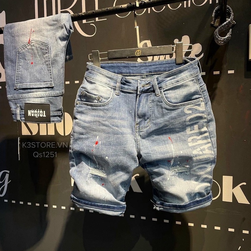 QUẦN SHORT NAM CHẤT JEAN BÒ XANH BẠC RÁCH CÁ TÍNH