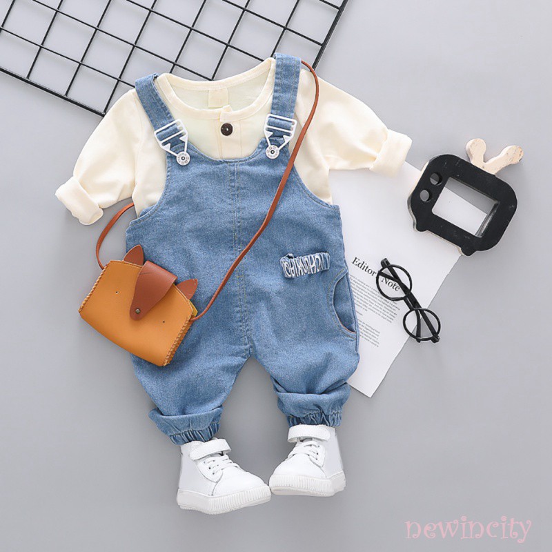 Bộ áo thun dài tay + quần yếm denim thời trang cho bé trai