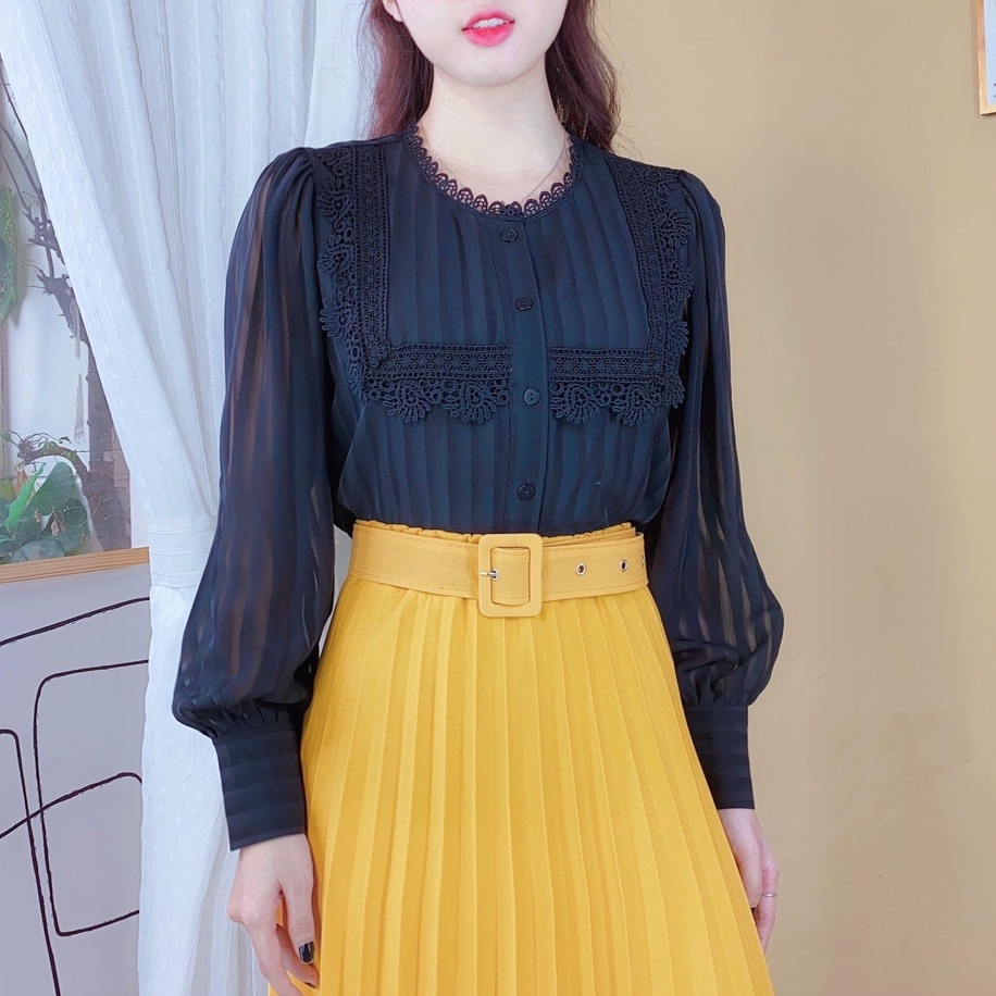 Áo sơ mi nữ phối ren tay dài sang trọng CHUU A60006
