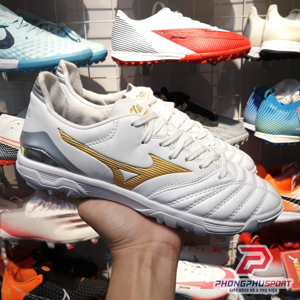 [ Có video ] Giày Bóng Đá Mizuno Morelia Neo TF Trắng Vạch Vàng