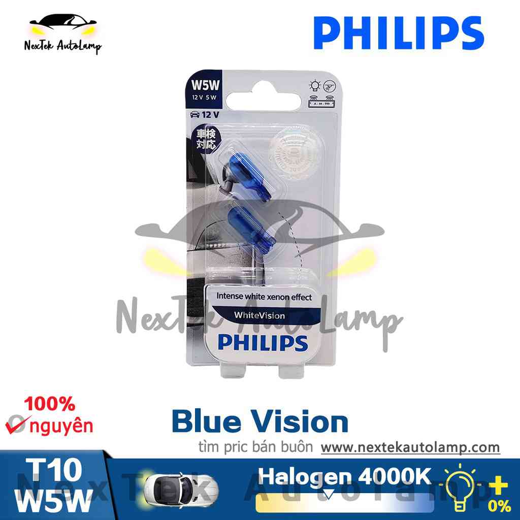 Philips White Light Blue Vision T10 12961 W5W BV WHVB2 4000K 12V Biển Số Xe ô Tô Bóng đèn Halogen H2.1×9.5d