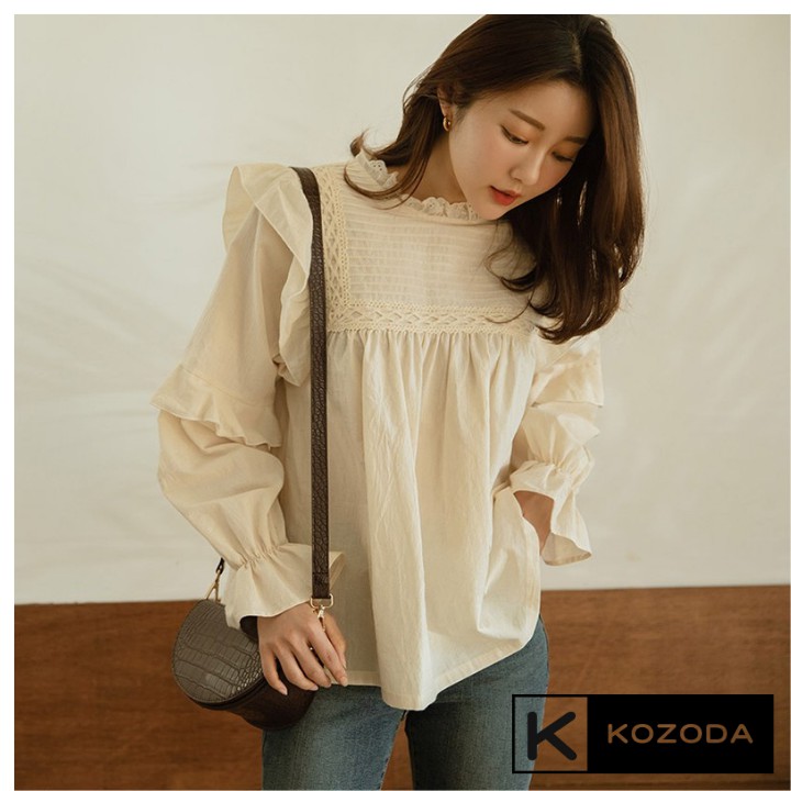 Áo Sơ Mi Kiểu Nữ Màu Trắng  Kem đẹp dài tay phong cách ulzzang vintage hàn quốc cao cấp họa tiết ren kozoda sm9