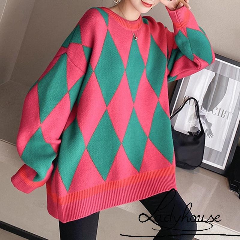 Áo Sweater Dệt Kim Cổ Tròn Tay Dài Dáng Rộng In Họa Tiết Hình Học Cho Nữ