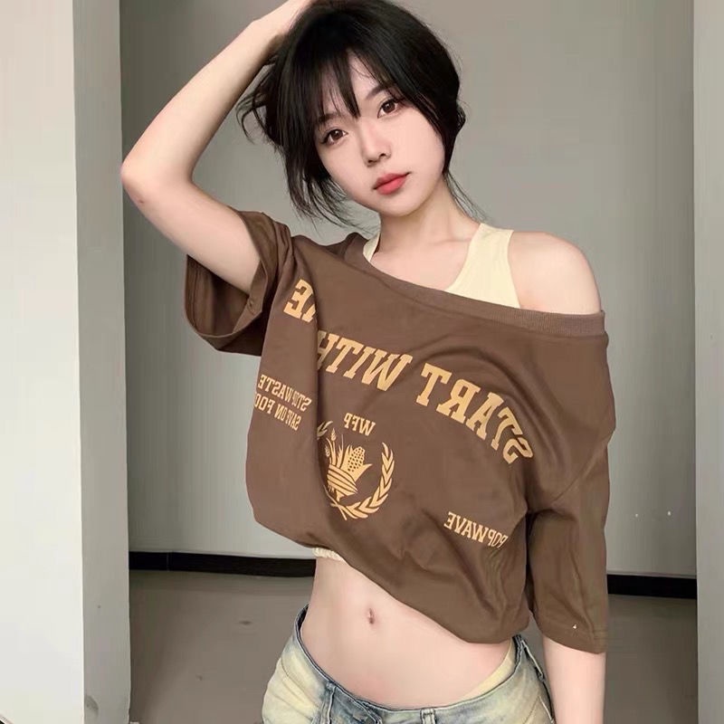 COZOK Áo Thun Ngắn Tay Trễ Vai Dáng Rộng Thời Trang Gợi Cảm