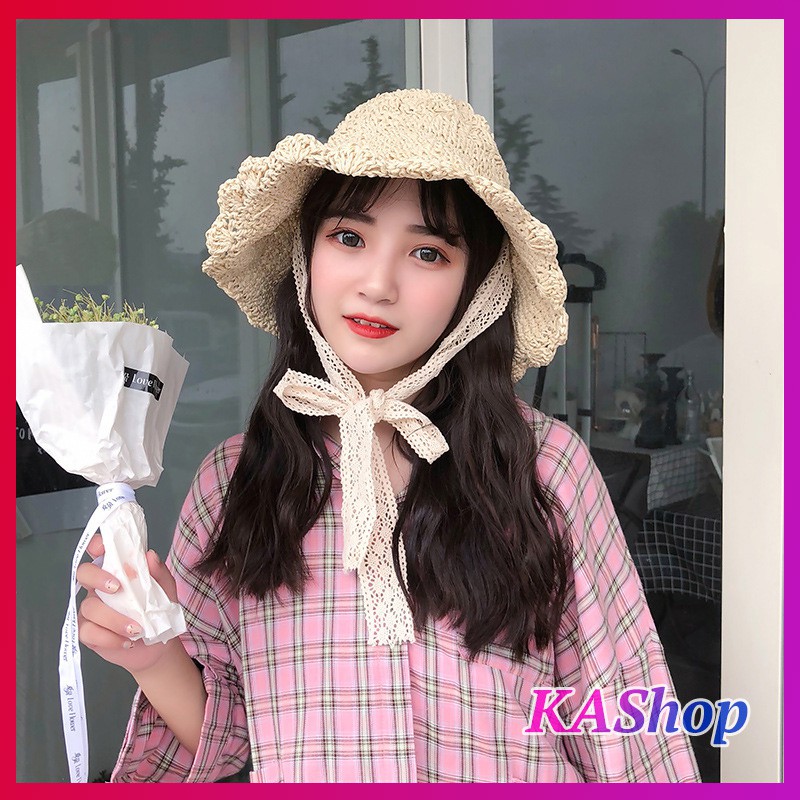 Nón cói vành rộng phối ren dài mềm mại