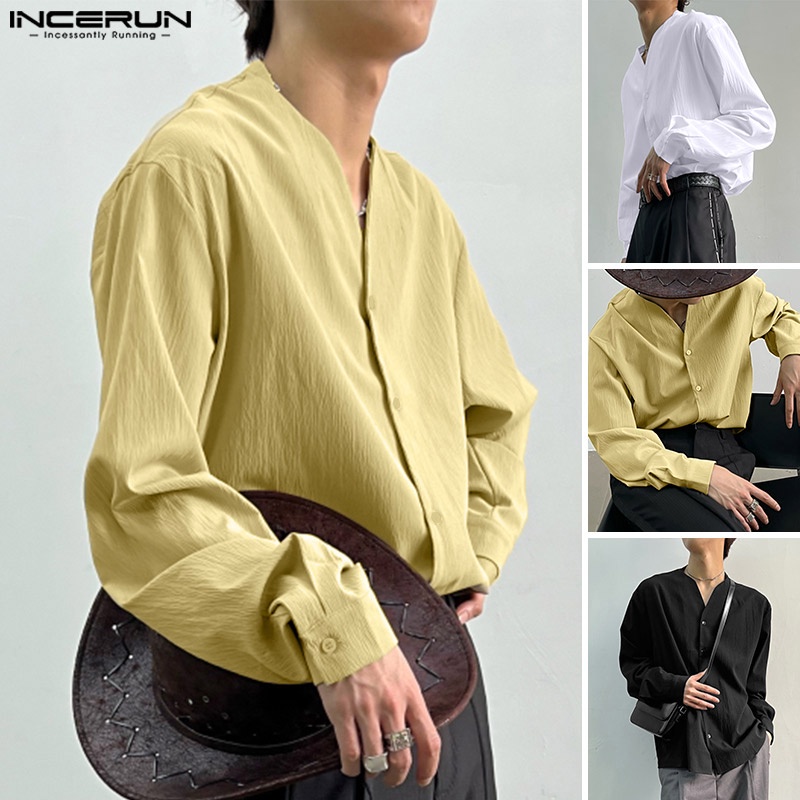 Áo sơ mi INCERUN tay dài cổ chữ V màu trơn có nút cài thời trang cho nam
