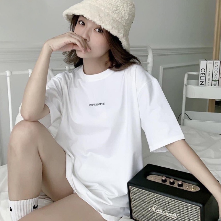 Áo Thun Nữ Unisex Tay Lỡ Màu Trắng In Chữ IMPRESSIVE DLX
