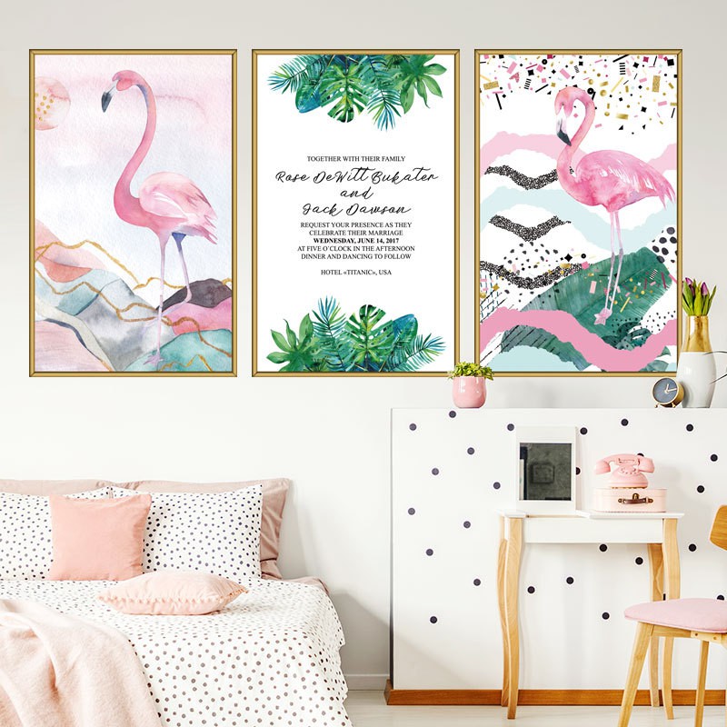 Decal dán tường khung tranh bộ hạc hồng may mắn, tranh trang trí tường phòng khách, phòng ngủ cực phẩm