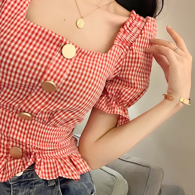 Áo croptop tay phồng hoạ tiết caro ulzzang
