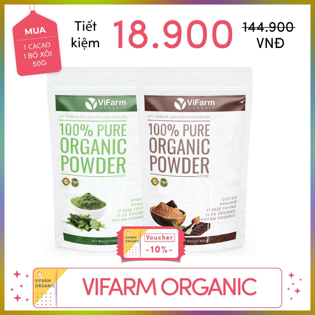 Bột cacao nguyên chất VIFARM 50gram, Bột không đường, hỗ trợ ăn kiêng, từ 100% cacao nguyên chất