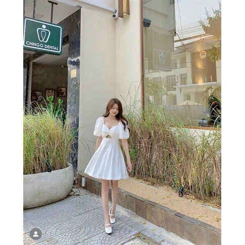 (Sale FreeShip) Đầm nữ đi chơi,đầm cổ vuông tay phồng xoắn ngực khoét eo quyến rũ,chất kate lụa mềm dễ mặc