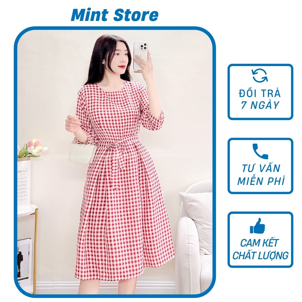 váy dài qua gối kẻ caro đỏ dáng basic dễ mặc thích hợp đi làm đi chơi