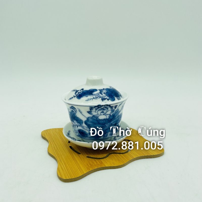 Bát sâm uống trà cổ men lam vẽ Sen , Bát trà thờ