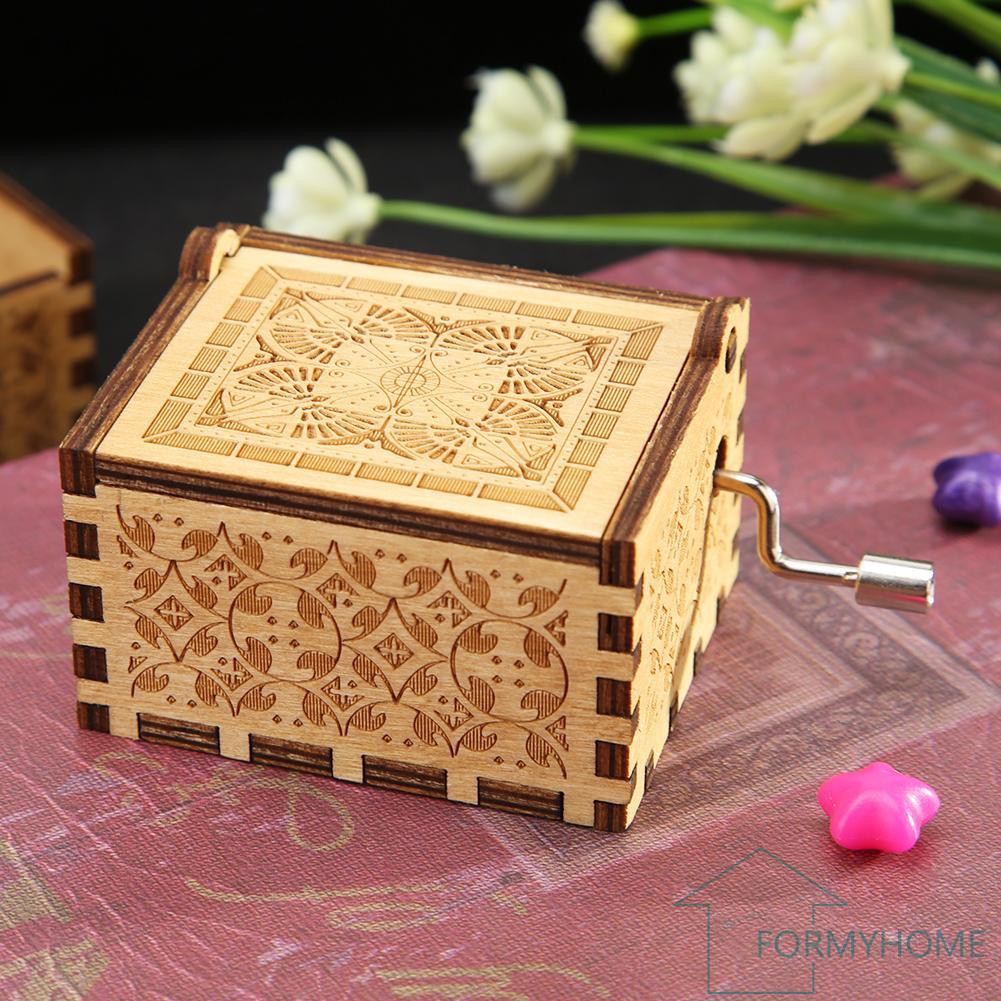 Retro Carved Hand Cranked Music Box Wooden Manual Birthday Gift Ornaments